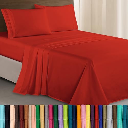 Image of Elegant Comfort Luxurious 1500 Premium Hotel Quality Microfiber Three Line Embroidered Softest 4-Piece Bed Sheet Set, Wrinkle and Fade Resistant, Queen, Rust