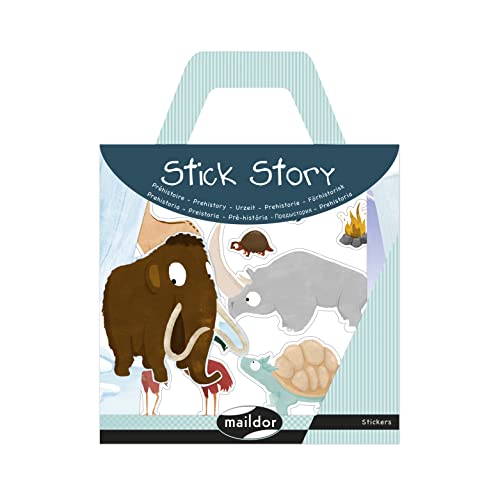 MAILDOR AF029C-Stick Story Pré-História, kit criativo, 4 folhas de autocolantes reposicionáveis, 2 decorados personalizar, kit de transporte, jogo criativo infantil, pasta de 15 x 19,5 cm