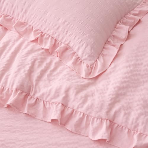 Bedsure Ruffle Bedding Set Queen,Comforter Set Pink Cotton-Like 3 Pieces | Fluffy,Lightweight,Gift for Girls Women,Romantic Aesthetic Bedding,Dorm Bedroom Decor,All Seasons,Machine-washable,OEKO-TEX