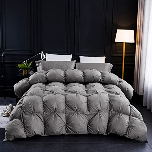 Three Geese Pinch Pleat Waterfowl Feathers and Down Comforter Palatial King Size Duvet Insert,750+ Fill Power,1200TC 100% Cotton, Premium All Seasons Gray Warm Hotel Comforter with 8 Tabs.