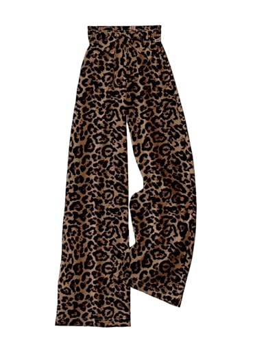 OYOANGLE Women's Leopard Print Elastic High Waisted Belted Pants Trendy Wide Leg Trousers Brown...
