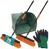 HELOMOR 2-Pack 19” Outdoor Push Brooms with 62” Long Handles – Heavy Duty Brooms for Driveway, Deck, Garage & Patio, Includes Dustpan Bin and Work Gloves