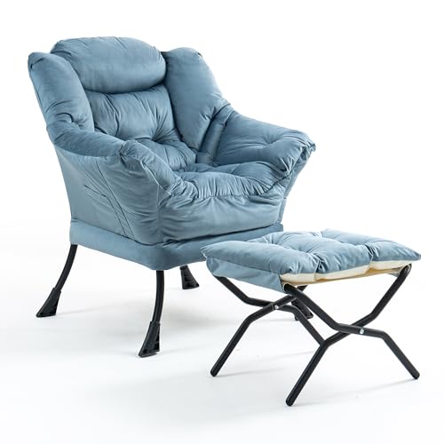 TIANSHU Sillon Relax Sillón con Reposapiés, Sillones para el Salón de Terciopelo, Butaca con Soporte para el Cuello Sillon Lectura Patas de Metal Butaca Dormitorio Sillón Tapizado (Azul Claro)