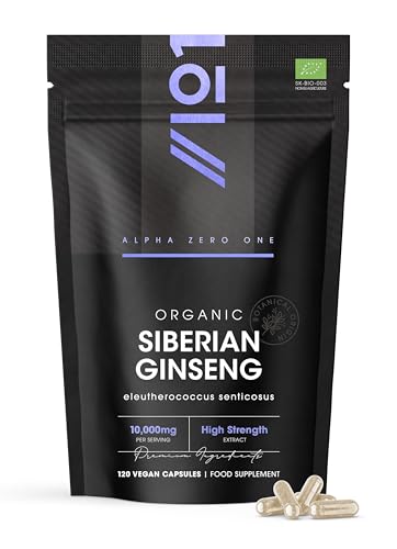 Organic Siberian Ginseng 10,000mg - High Strength Eleutherococcus Senticosus 15:1 Extract - 120 Vegan Capsules – Resealable and Recyclable Pouch by Alpha01