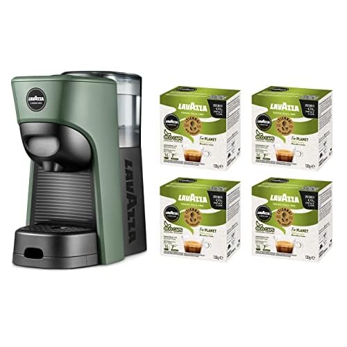 Lavazza, A Modo Mio Machine à café Tiny Eco Vert avec 64 capsules ¡Tierra! Assorties, Machine à expresso en plastique recyclé, 1450 W, 220-240 V, 50/60 Hz, 0,6 litre
