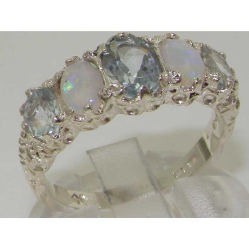 925 Sterling Silver Real Genuine Aquamarine And Opal Womens Band Ring - Size 7 #TOP4