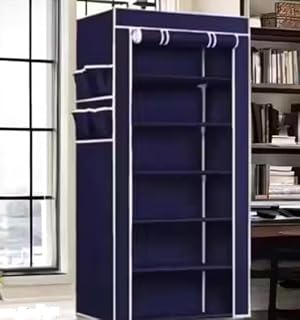 Portable Fabric Wardrobe Organizer with Cover, Multi-Shelf Storage Closet for Clothes, Space-Saving Foldable Closet for Bedroom & Home, Navy Blue
