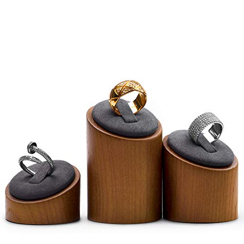 Oirlv Solid Wood 3 Pcs Ring Display Stand Showcase Jewelry Organizer Holder for Rings Trade Show Countertop Ring Bearer(Grey)
