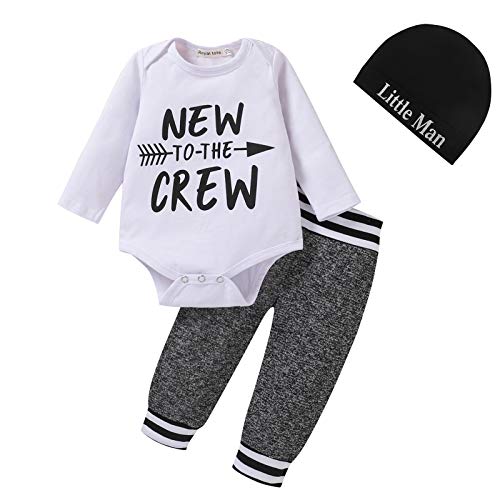 3Pcs Baby Boys Clothes Sets, Cute Letters Print Romper + Pants + Hat Outfits Set(Long Sleeves White 3-6months)
