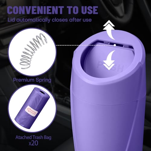 Image of Car Trash Can Bin with Lid - Car Garbage Can Cup Holder - Purple Mini Leakproof Vehicle Garbage Bin with 20pcs Trash Bags-Automotive Organizers and Storage for Front Back Seat Accessories