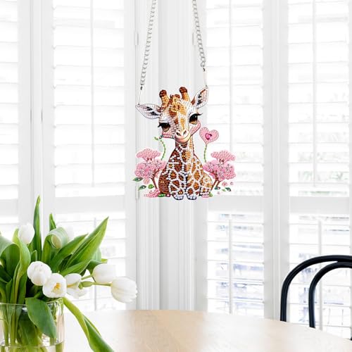 Image of Giraffe Diamond Painting Hanging Pendant Kit for Adults, DIY Acrylic Special Shaped Rhinestone Diamond Art Sun Catcher, Window Wall Door Decor for Home or Garden, Valentine's Day Birthday Gift