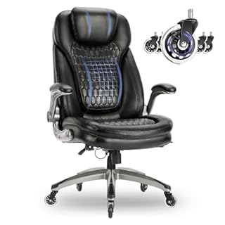 COLAMY High Back Office Chair-Executive Computer Office Chair with Flip-up Arms Adjustable Height SwivelChair, Thick Padded Leather for Comfort and Ergonomic Design for Lumbar Support (137kg, Black)