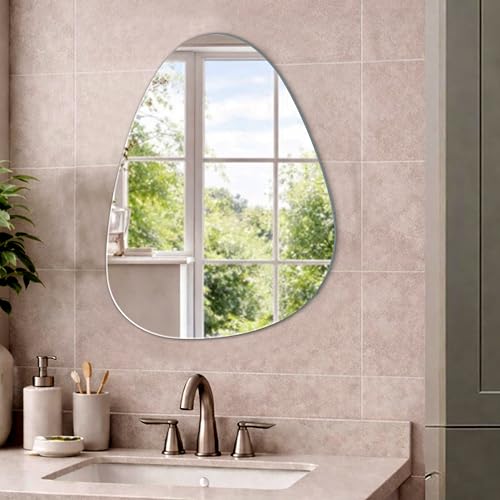Image of Rousrie Frameless Wall Mirror for Bathroom, Glass, Modern, Clear, Rectangle, 60 x 45 Centimeters, Wall Mount (1, Wavy)