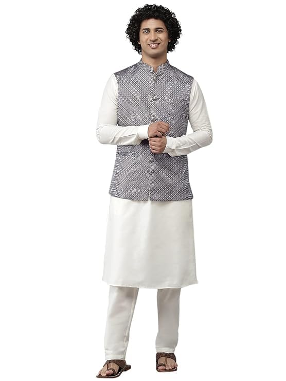see designs Men Blue & White Solid Kurta Pyjamas With Nehru jacket-picture-15
