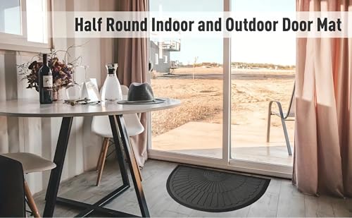 Image of Semi-Circle Durable Rubber Non Slip Front Door Mat for Outside Inside Entry Entryway | Dirt Trapper Welcome Mat for Muddy Paws and Shoes, Brown, 45x75 cm
