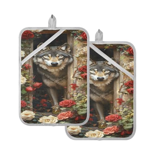 JUMBEAR Wild Wolf - Juego de soportes para ollas con bolsillo para cocina, resistentes al calor, manoplas de horno, almohadillas calientes, salvamanteles para hornear, cocinar, 7 x 9 pulgadas