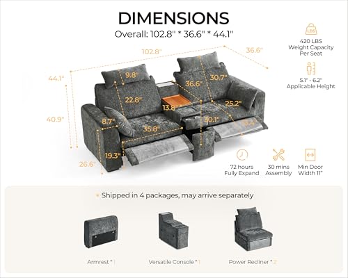 Image of 102.8'' Loveseat Power Recliner Sofa with Headrest, Oversized Cloud Modular Sectional Reclining Couch with Table, Storage Drawer, Charging, 2-Seater for RV Home Theater, Chenille, Grey