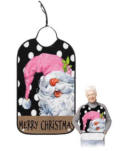 Merry Christmas Adult Bibs for Eating, Waterproof Bibs with Food Catcher & Adjustable Snap Closure, Pink Xmas Gnomes White Polka Dots Black Clothing Protectors Adult Bibs for Elderly Women/Men