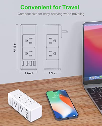 2 Prong Power Strip with Rotating Plug, EyGde Multi Plug Outlet Extender, Multiple Outlet Splitter(3 Sided 6 Sockets) and 4 USB Ports, Wall Adapter Surge Protector (1700J) for Travel, Office, White