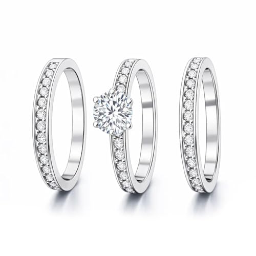 FAIRY COUPLE 3-Piece Bridal Ring Set for Women, 18K White Gold Plated Cubic Zirconia Engagement Ring with Matching Bands, Floral-Inspired Solitaire Wedding Set, Travel & Promise Ring R366 (5)