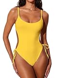 DOBREVA Women's One Piece Swimsuit Strappy Backless Bathing Suit Cut Out Lined Scoop Neck Adjustable Straps Swimwear High Visibility Yellow Small