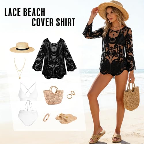 Image of SANNIDHI Women's Lace Beach Cover Up Embroidered Swimsuit Coverups Full Sleeve Boho Sheer Bathing Suit Swim Dress for Poolside, Seaside and Party