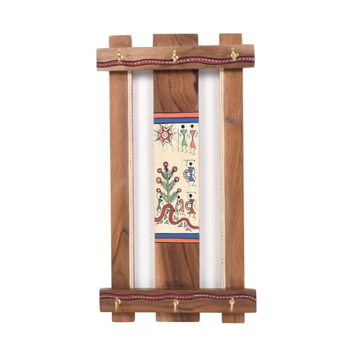 Image of AAKRITI ART CREATIONS Key Holder, Tribal Harmony Key Hanger | Rustic Teak Wood Wall Organizer with 6 Hooks | New Home Gifts | Multifunctional Entryway Decor Item