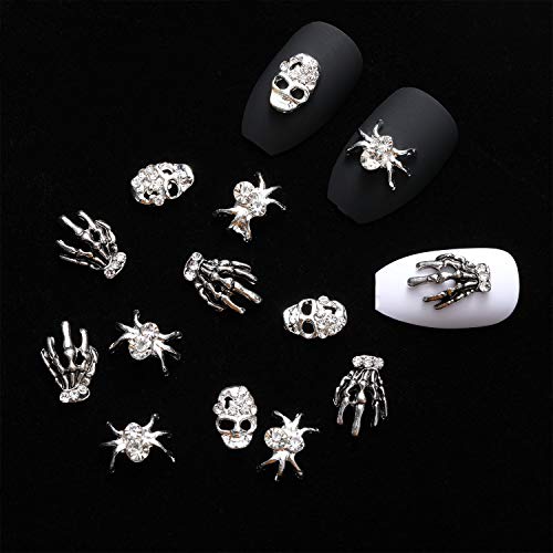 60 Pieces Skull Nail Charms Spider Skull 3D Spider With Rhinestones Vintage Alloy Skeleton Hand Nail Design Jewelry Decor Nail Design Glitters For Nail Cellphone Decoration (Antique Silver) #TOP2