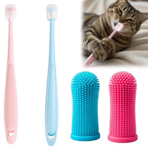 Katzenzahnbürste und Hundezahnbürste Set, 4-teilig mit Fingerzahnbürsten in Rosa und Blau, Sanfte Zahnpflege für Haustiere, Ergonomisches Design für einfache Handhabung