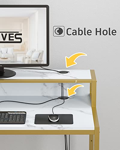 Image of Teraves Computer Desk with 5 Tier Shelves,Reversible Writing Desk with Storage 49 Inch Study Table for Home Office Independent Bookcase and Desk for Multiple Scenes (White Marbling+ Gold Frame)