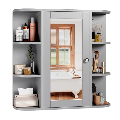 VINGLI Grey Mirror Medicine Cabinet Wall Mounted, Bathroom Storage Organizer
