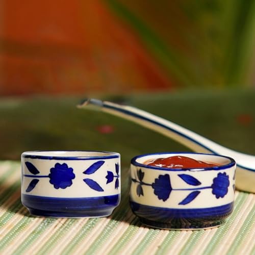 Image of Freakway Hand Painted White Ceramic Dip Bowls | Bowls Set of 2, 40Ml | Bowl for Serving Chutney Bowl /Pickle Bowl /Small (Floral BLU & WHT)