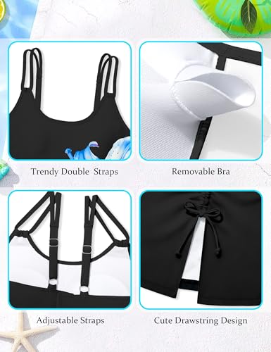 Image of Girls Swimsuit Tropical 3 Piece Tankini Adjustable Strap Bathing Suit Solid Modest Swimwear with Drastring Skirt 9-16y