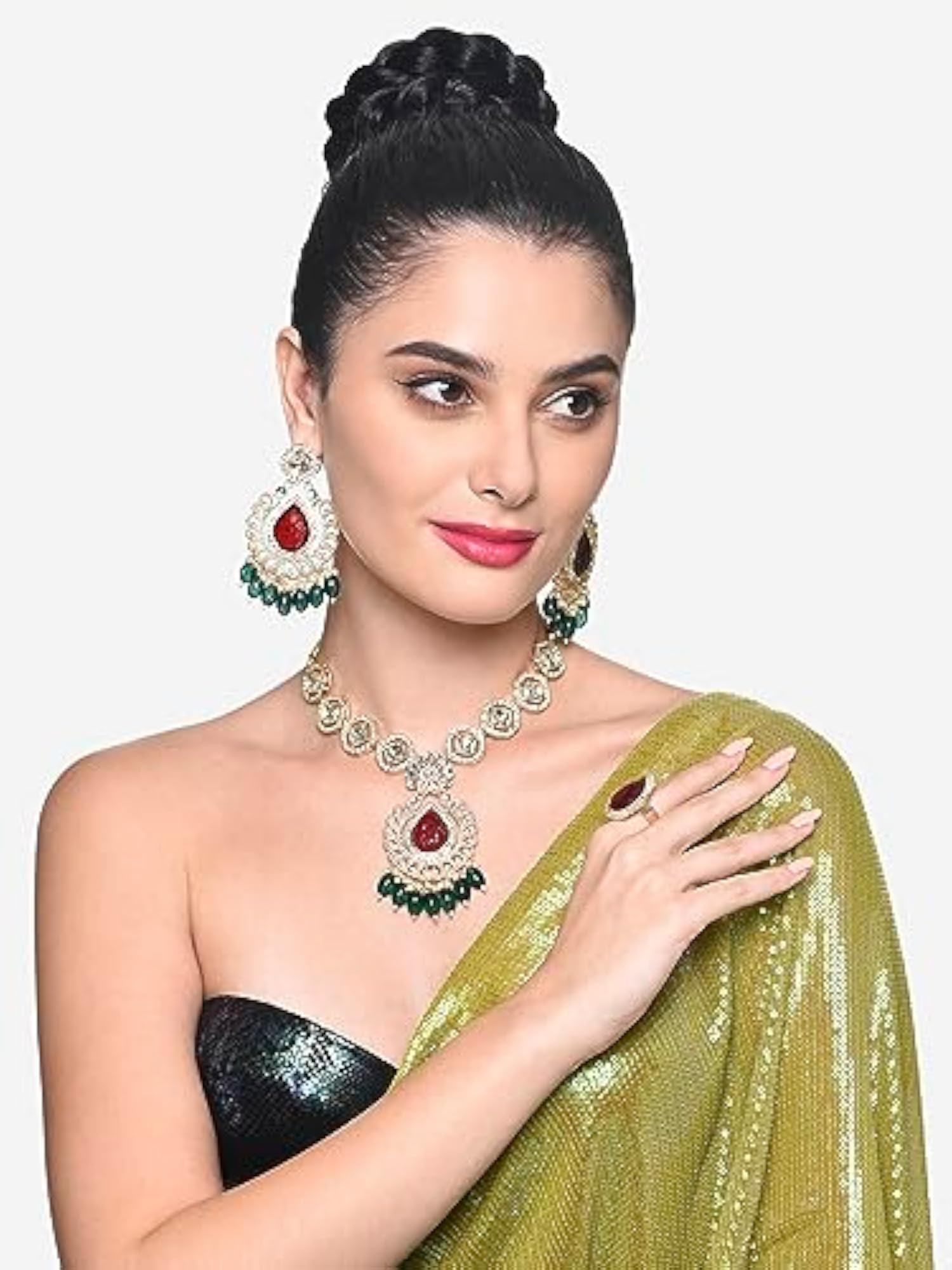 Women's Green & Colour Austrian Diamonds Beads Ethnic Necklace Earring & Ring Set