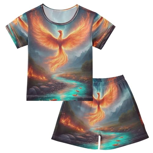 Pajama Sets Short Sleeve Phoenix Rising over Stream Soft Cotton Summer Sleepwear 2 Piece PJS Size 5-14T