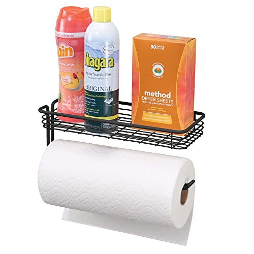 Mdesign Farmhouse Paper Towel Holder And Multi-Purpose Shelf - Wall Mount Storage Organizer For Laundry, Garage, Utility Room, Kitchen, Pantry - Durable Metal Wire Design - Matte Black #TOP17