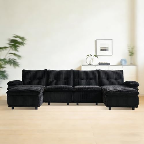 FROBON Black Corduroy U-Shaped Sectional Sofa, Modular 4-Seater Couch with Double Chaise,...