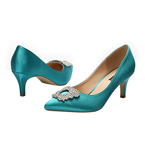 ERIJUNOR E1604 Women Pumps Low Heel Rhinestone Brooch Satin Evening Dress Wedding Shoes Teal Size 9.5 by ERIJUNOR - Image 4