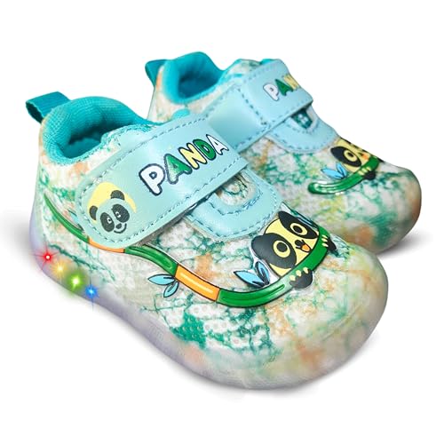 - Panda Kids Light Up Sneakers, Turquoise Tie Dye Pattern, Comfortable, LED Flashing Shoes with Velcro Straps, Bamboo Design
