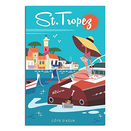 NMNM Poster su tela con stampa di Saint-Tropez con donna francese, vintage, decorazione artistica da parete, poster regalo, 20 x 30 cm