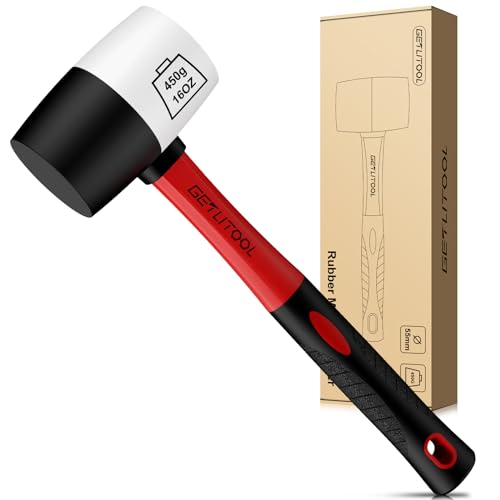 GETLITOOL Rubber Mallet 16oz, Non-Marking Black/White Two-Sided Hammer with Fiberglass Handle, 55mm Head for Flooring, Tile Installation, Woodworking, Camping, Tools for Men