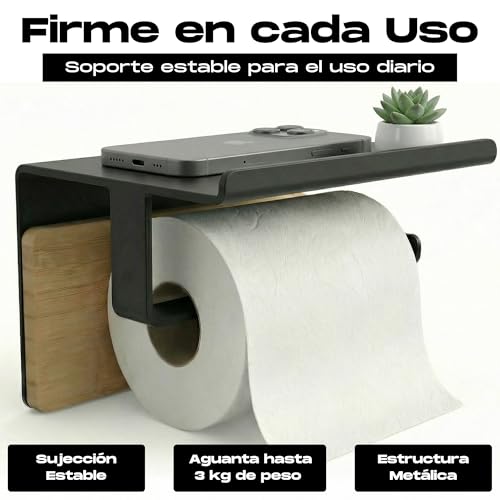 BYSER Portarrollos Papel Higienico Adhesivo con Repisa + 2 Ganchos. De Acero Inoxidable Negro y Bambú. Soporte para Papel Higienico Pared sin Taladro, con Accesorios Baño Modernos - imagen 7
