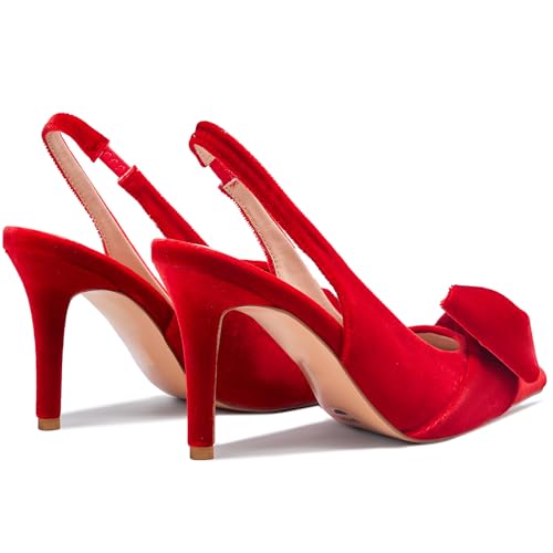 Image of Women's Slingback Heels with Bow Pointed Toe Pumps with Elasticated Strap 3.3 inch High Heels for Evening Dress Shoes