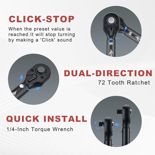 Image of AEROFORCE 1 /4-Inch Drive Click Torque Wrench (40-220 lb.in / 4.5-24.8 Nm),72 Tooth Dual Direction Reversible Ratchet with Dual Range Scales, Precision Calibrated for Bikes & DIY