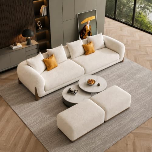 Image of Modern Boucle Sofa for Living Room Bedroom Reception and Office Wooden Polished Leg Sofa for Living Room (Off White, 3 Seater +Ottoman Set)