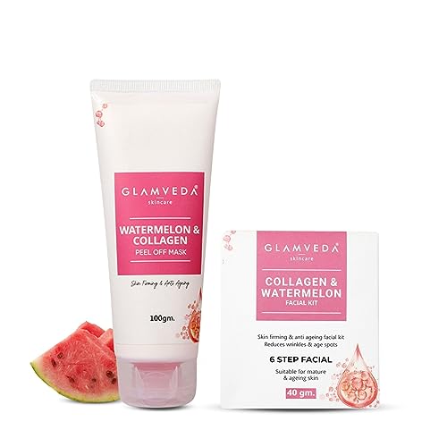 Image of Glamveda Watermelon & Collagen Anti Ageing Combo For Delay's ageing ( Facial Kit + Peel Off Mask )