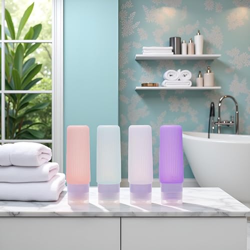 3 oz Leak Proof Travel Bottles for Toiletries|TSA Approved Refillable Silicone Travel Size Bottles for Shampoo,Conditioner|Translucent Pastel Color, Wide Mouth Opal-Shaped Design(4 Pack)3