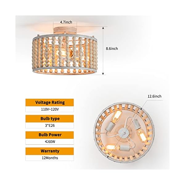 tewei Wood Beaded Boho Chandelier Light Fixture, Semi Flush Mount Ceiling Light 3-Light Rustic Nursery Close to Ceiling Light for Bedroom Kitchen, Living Room, Oak White, E26 Base - Image 4