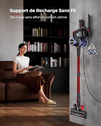 VACTechPro 55KPa/600W/70Min Aspirateur Balai sans Fil, 1.6L Aspirateur sans Fil avec Filtration à 8 Couches, Très Silencieux Aspirateur avec Brosse à Sol Anti-Tangle, Aspirateur Balai, Rouge Foncé