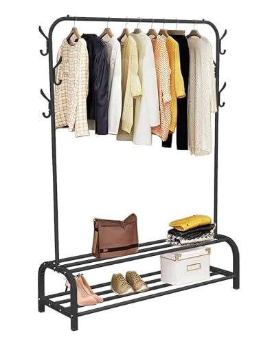 Shoze Kleiderständer Freistehender Kleiderbügel Trockengestell Metall Bekleidungsschiene Schlafzimmer Kleiderstange mit unterem (Kleiderstangen mit zwei Ablagefächern, Schwarz)